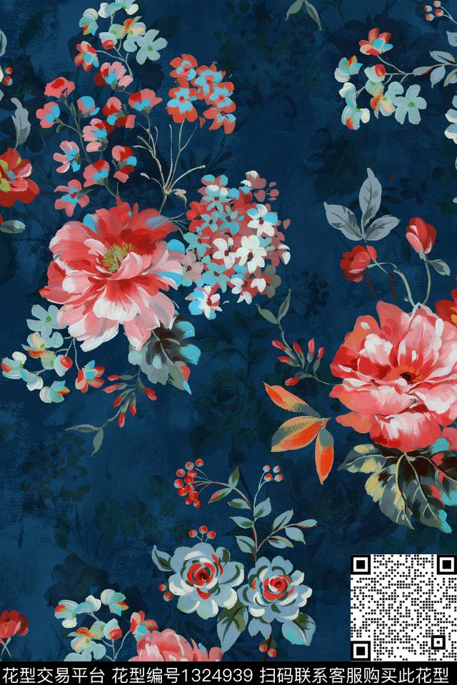 大牌风手绘花卉手绘大花数码印花华亿平台下载（图片编号: 1324939） - 瓦栏（Walan）