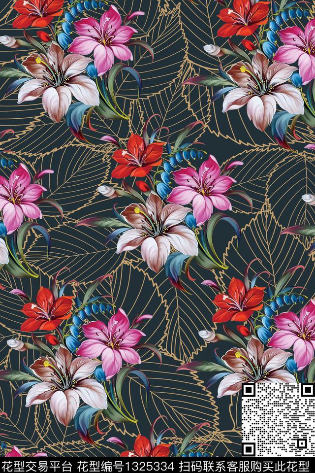 绿植树叶复古花卉数码印花华亿平台下载（图片编号: 1325334） - 瓦栏（Walan）