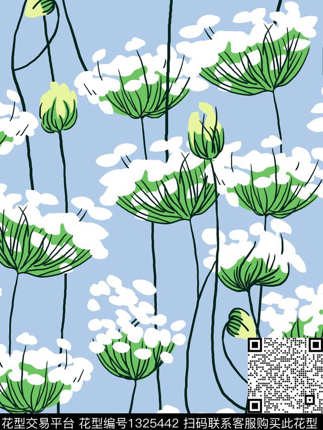 抽象罂粟花天蓝底传统印花华亿平台下载（图片编号: 1325442） - 瓦栏（Walan）