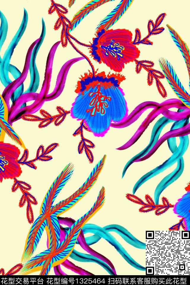 清爽底花卉热带华亿平台手绘花卉数码印花华亿平台下载（图片编号: 1325464） - 瓦栏（Walan）