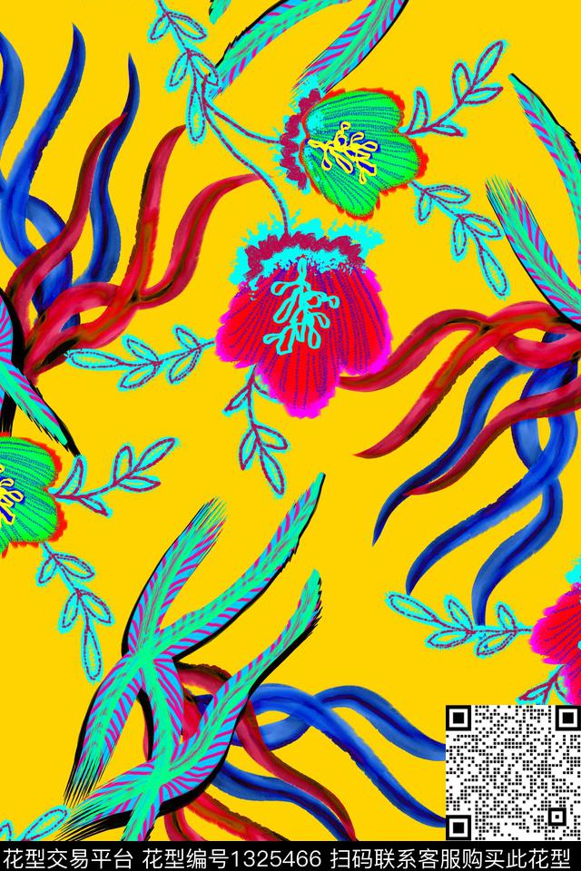 清爽底花卉热带华亿平台手绘花卉数码印花华亿平台下载（图片编号: 1325466） - 瓦栏（Walan）