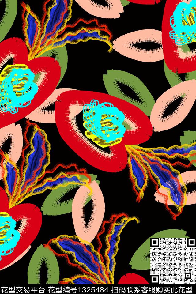 几何花卉抽象花卉清爽底花卉数码印花华亿平台下载（图片编号: 1325484） - 瓦栏（Walan）