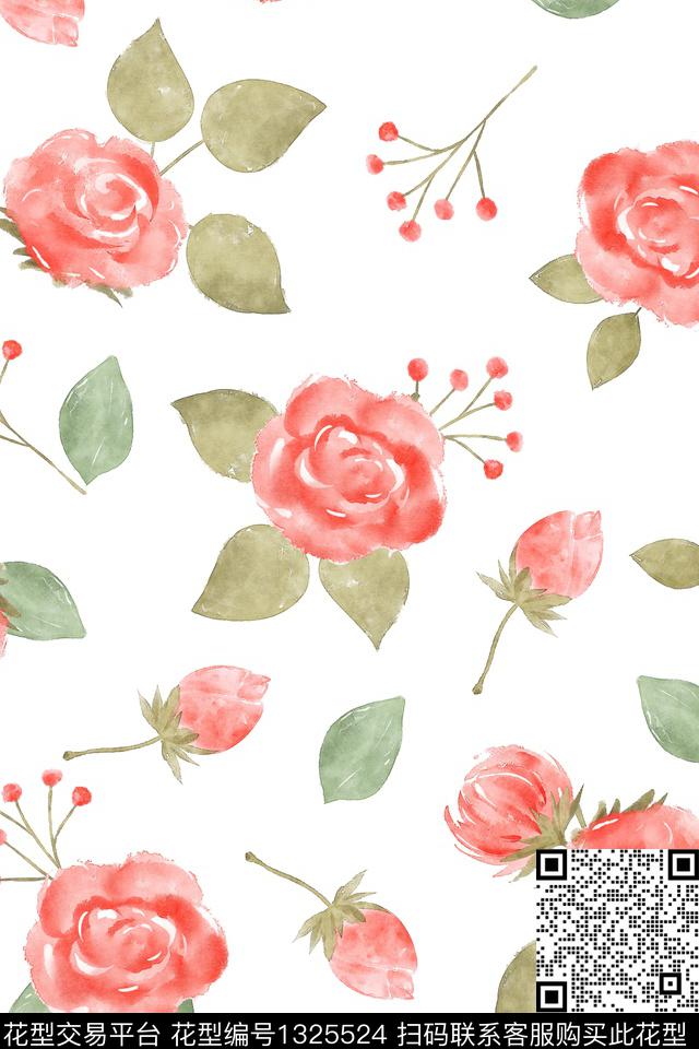 水彩清爽底花卉植物数码印花华亿平台下载（图片编号: 1325524） - 瓦栏（Walan）