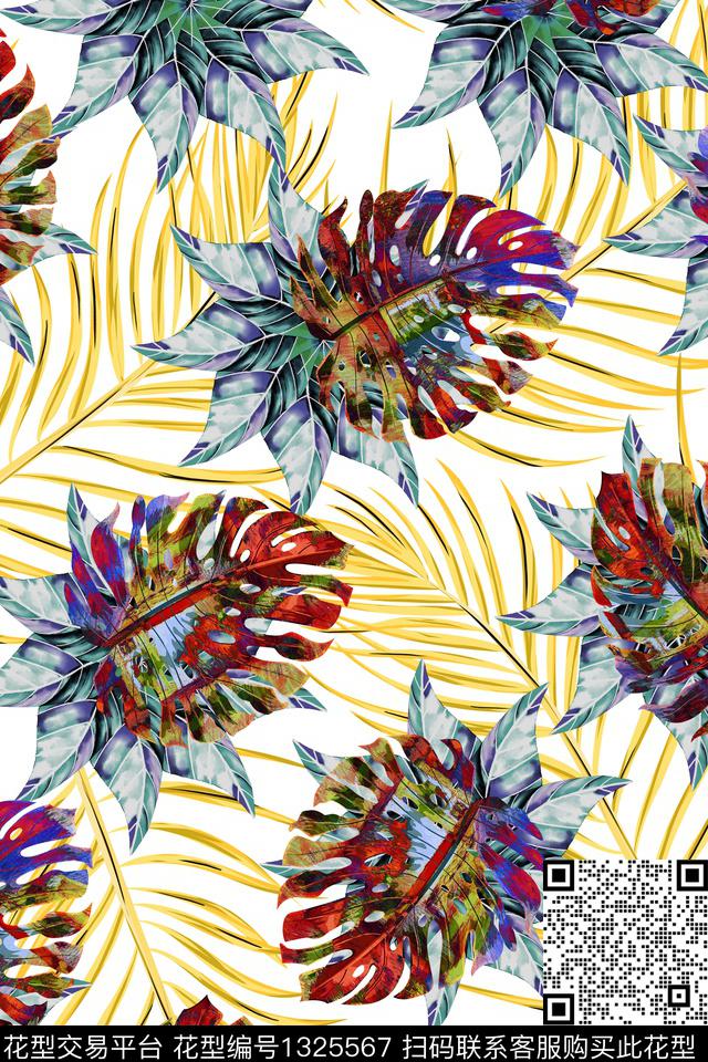绿植树叶清爽底花卉春夏华亿平台数码印花华亿平台下载（图片编号: 1325567） - 瓦栏（Walan）