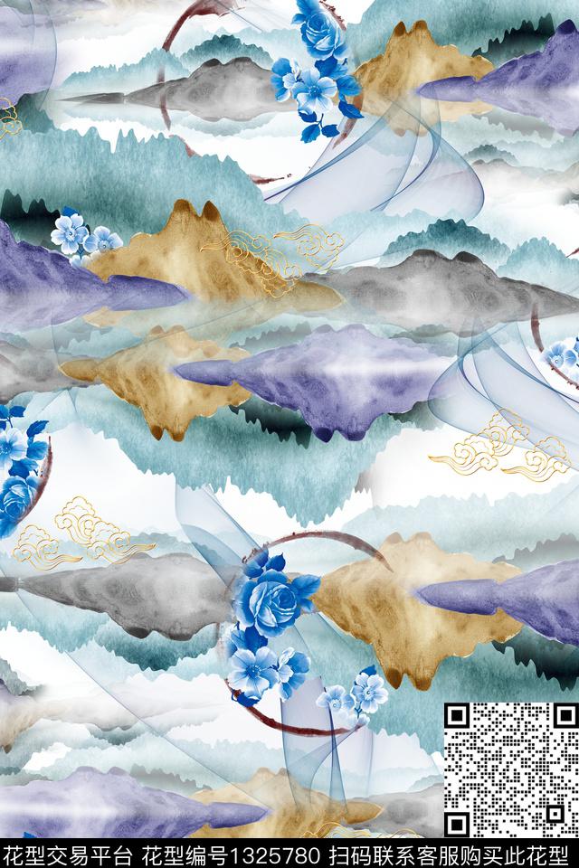 花卉中国风清爽底花卉数码印花华亿平台下载（图片编号: 1325780） - 瓦栏（Walan）