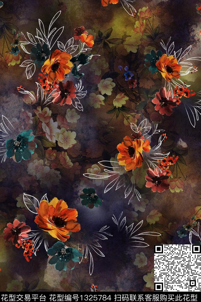 黑底花卉女装花卉数码印花华亿平台下载（图片编号: 1325784） - 瓦栏（Walan）