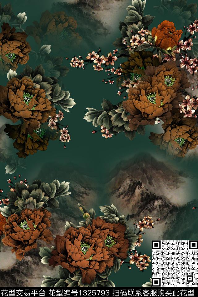 黑底花卉女装花卉数码印花华亿平台下载（图片编号: 1325793） - 瓦栏（Walan）