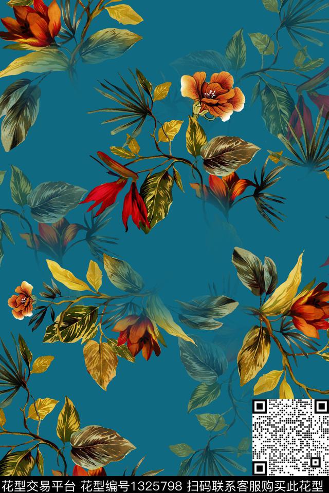 黑底花卉女装花卉数码印花华亿平台下载（图片编号: 1325798） - 瓦栏（Walan）