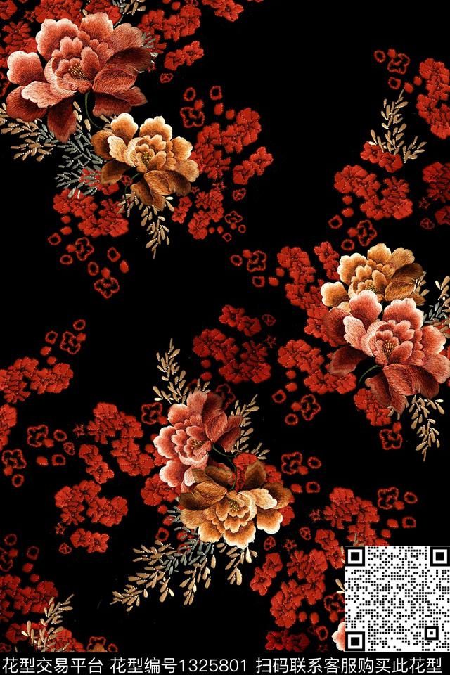 黑底花卉女装花卉数码印花华亿平台下载（图片编号: 1325801） - 瓦栏（Walan）