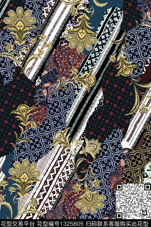 黑底花卉女装花卉数码印花华亿平台下载（图片编号: 1325805） - 瓦栏（Walan）