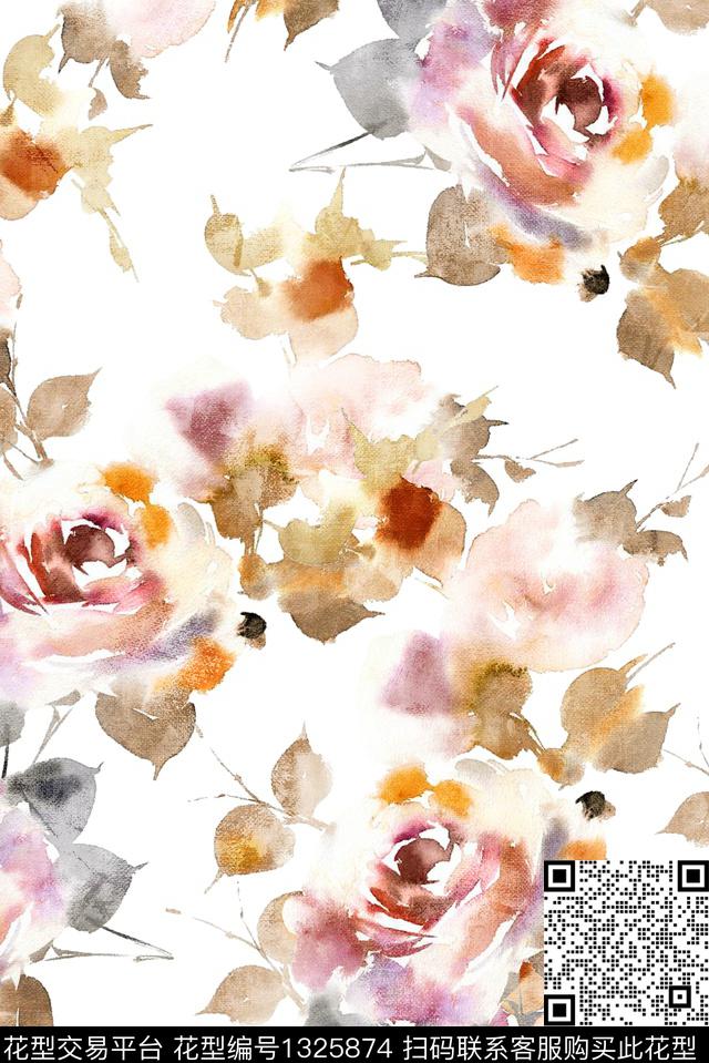 大牌风水彩花卉手绘大花数码印花华亿平台下载（图片编号: 1325874） - 瓦栏（Walan）
