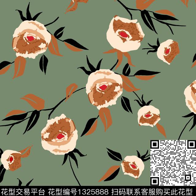 花卉漆画军绿底传统印花华亿平台下载（图片编号: 1325888） - 瓦栏（Walan）