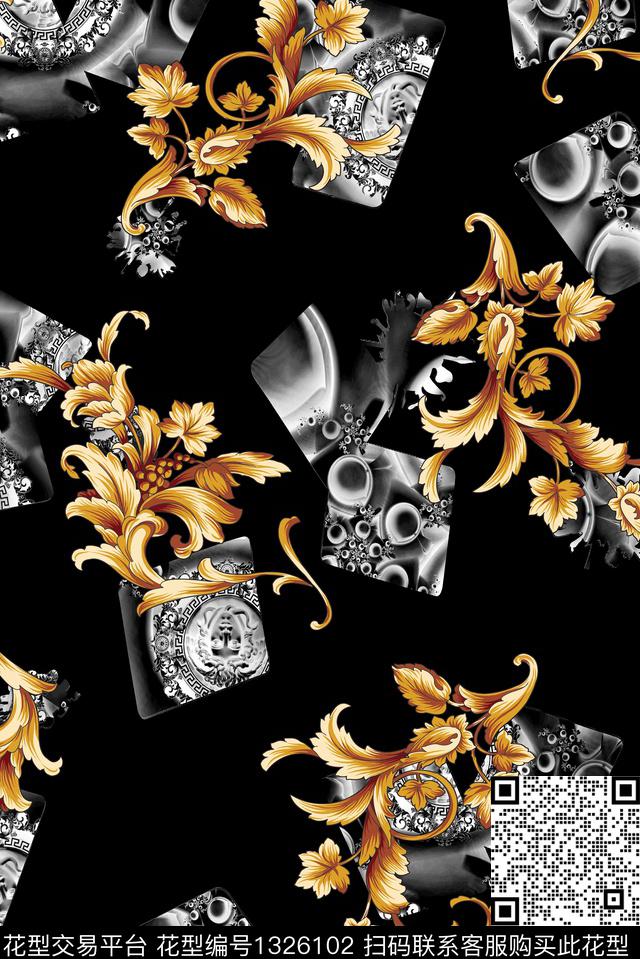 黑底花卉宫廷风男装数码印花华亿平台下载（图片编号: 1326102） - 瓦栏（Walan）