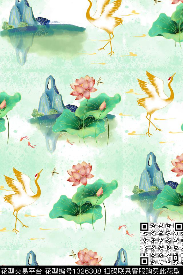仙鹤荷花国潮数码印花华亿平台下载（图片编号: 1326308） - 瓦栏（Walan）