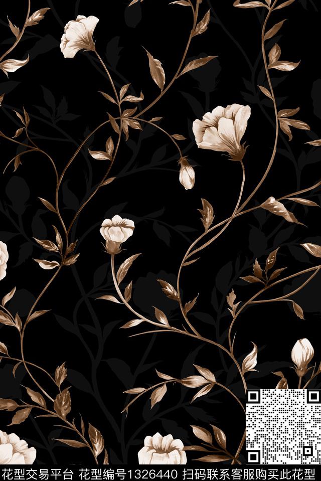 黑底花卉大牌风休闲数码印花华亿平台下载（图片编号: 1326440） - 瓦栏（Walan）