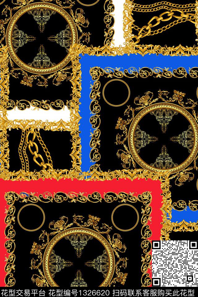 黑底花卉宫廷风链条数码印花华亿平台下载（图片编号: 1326620） - 瓦栏（Walan）