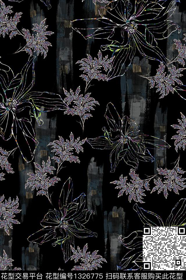 几何花卉黑底花卉绿植树叶数码印花华亿平台下载（图片编号: 1326775） - 瓦栏（Walan）