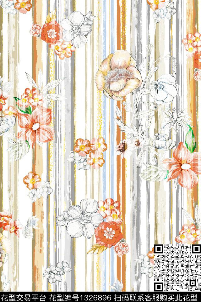 黑白条纹大牌风手绘花卉数码印花华亿平台下载（图片编号: 1326896） - 瓦栏（Walan）