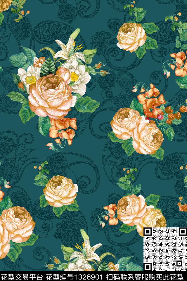 佩斯利大牌风手绘花卉数码印花华亿平台下载（图片编号: 1326901） - 瓦栏（Walan）
