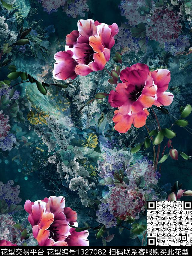 趋势华亿平台大牌风水彩花卉数码印花华亿平台下载（图片编号: 1327082） - 瓦栏（Walan）