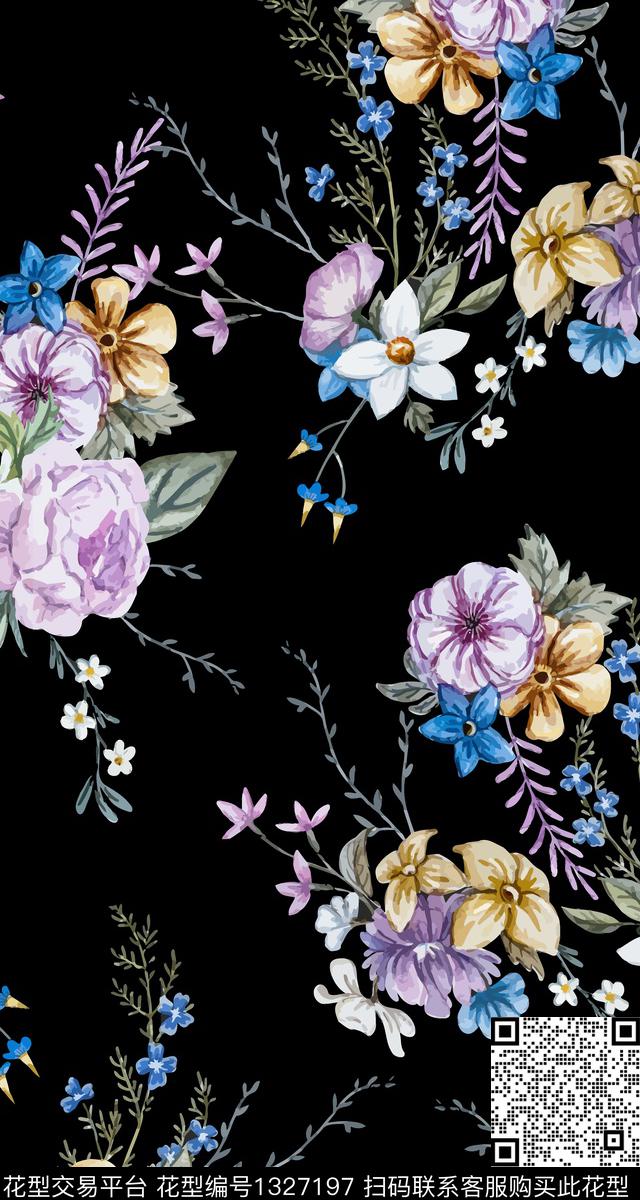 花卉香云纱大牌风数码印花华亿平台下载（图片编号: 1327197） - 瓦栏（Walan）