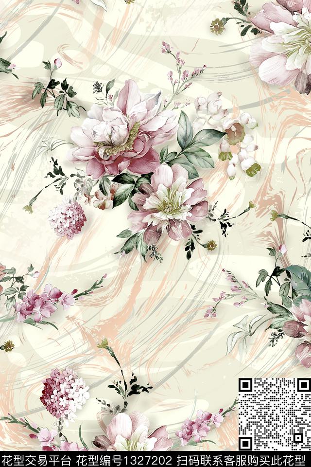 肌理香云纱手绘花卉数码印花华亿平台下载（图片编号: 1327202） - 瓦栏（Walan）