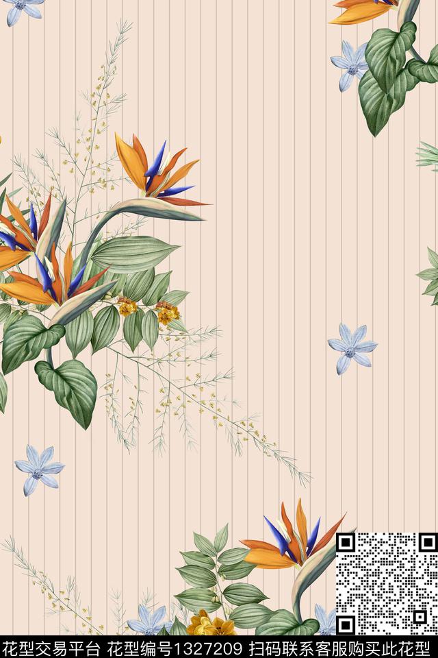 大牌风条纹手绘花卉数码印花华亿平台下载（图片编号: 1327209） - 瓦栏（Walan）