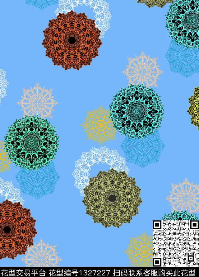 圆形几何彩底印花传统印花华亿平台下载（图片编号: 1327227） - 瓦栏（Walan）