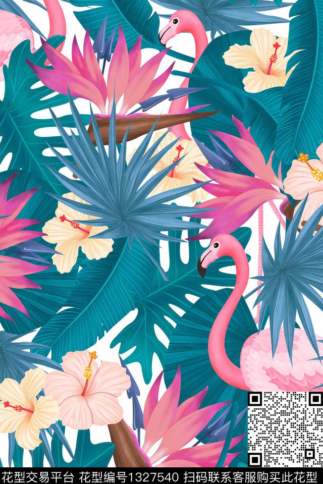 花卉火烈鸟热带华亿平台数码印花华亿平台下载（图片编号: 1327540） - 瓦栏（Walan）