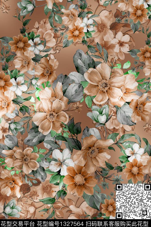 花卉香云纱真丝数码印花华亿平台下载（图片编号: 1327564） - 瓦栏（Walan）