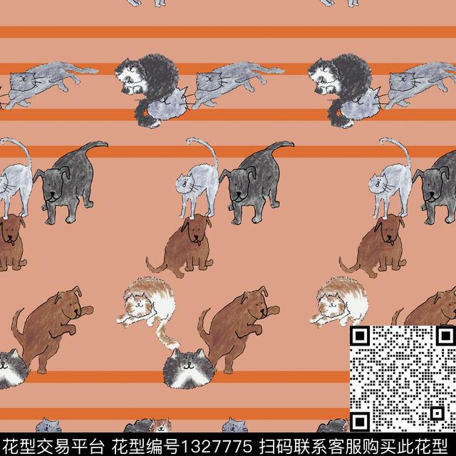 动物猫条纹数码印花华亿平台下载（图片编号: 1327775） - 瓦栏（Walan）
