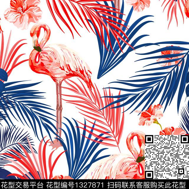 绿植树叶火烈鸟热带华亿平台传统印花华亿平台下载（图片编号: 1327871） - 瓦栏（Walan）