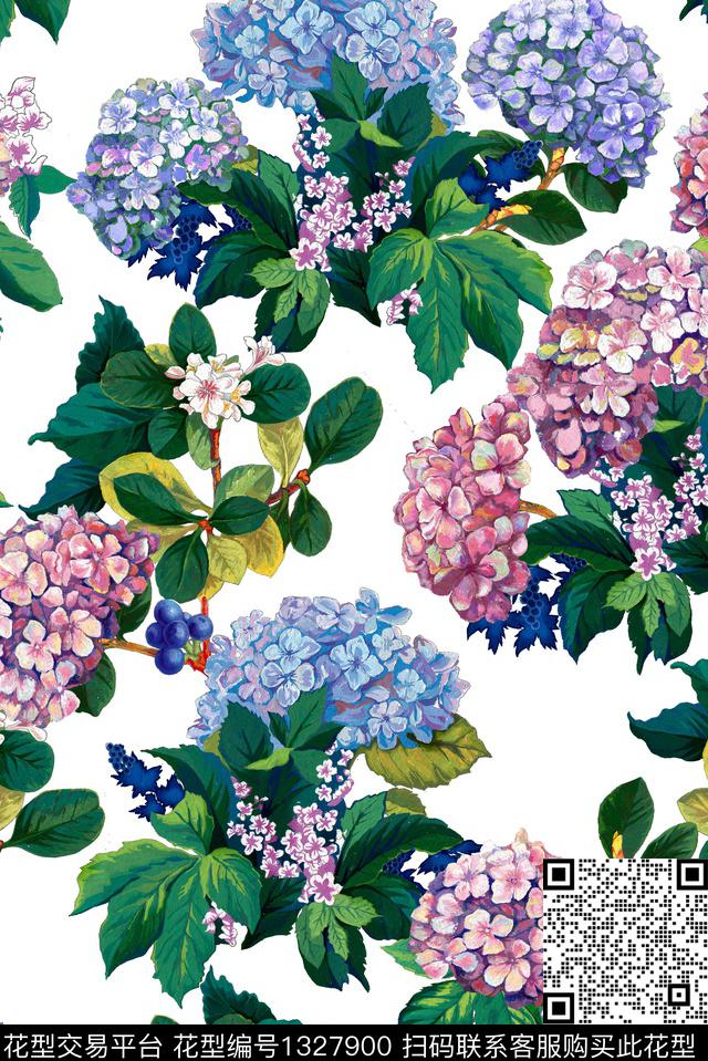 绣球花手绘花卉手绘大花数码印花华亿平台下载（图片编号: 1327900） - 瓦栏（Walan）