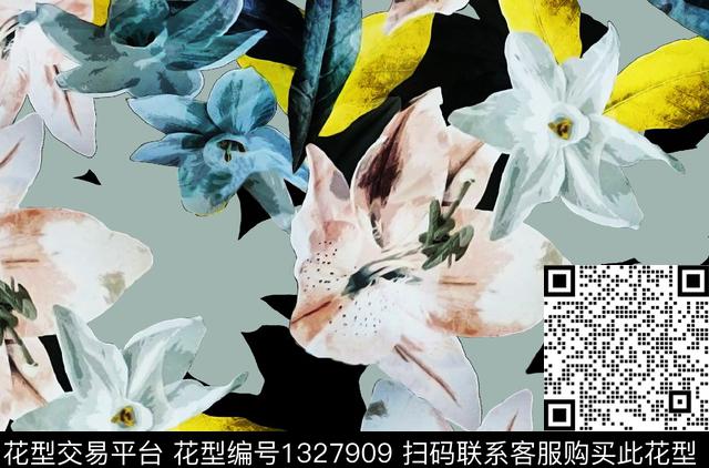 手绘花卉手绘肌理花卉百合数码印花华亿平台下载（图片编号: 1327909） - 瓦栏（Walan）