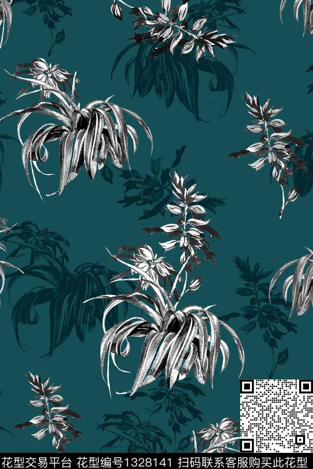 大牌风手绘花卉黑白华亿平台数码印花华亿平台下载（图片编号: 1328141） - 瓦栏（Walan）