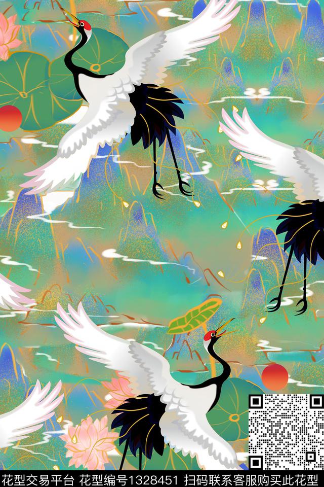 荷花香云纱国画数码印花华亿平台下载（图片编号: 1328451） - 瓦栏（Walan）