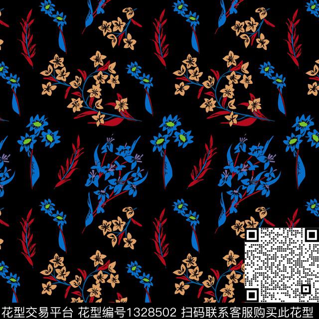 黑底花卉树林富贵花数码印花华亿平台下载（图片编号: 1328502） - 瓦栏（Walan）