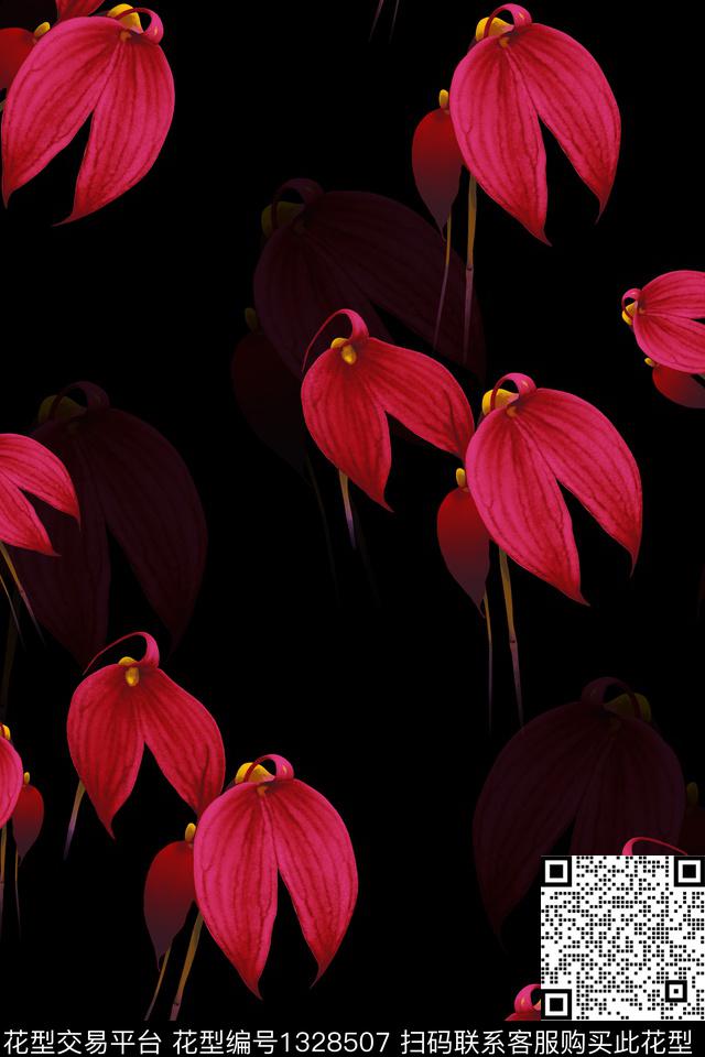黑底花卉趋势华亿平台红花数码印花华亿平台下载（图片编号: 1328507） - 瓦栏（Walan）