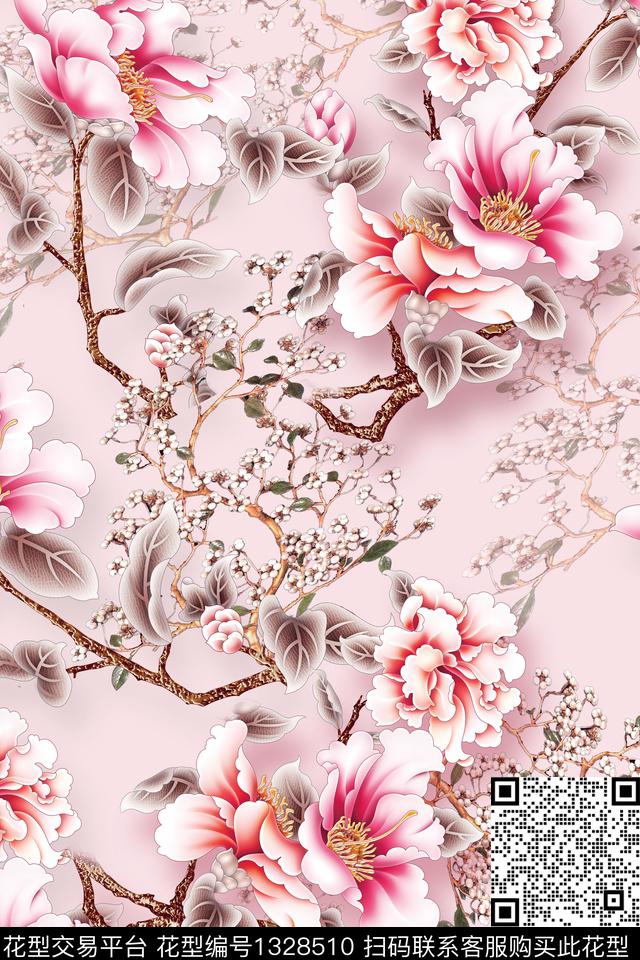 时尚花卉真丝数码印花华亿平台下载（图片编号: 1328510） - 瓦栏（Walan）