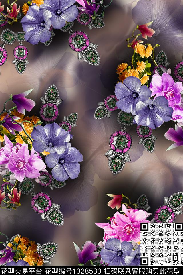 泼墨几何花卉趋势华亿平台数码印花华亿平台下载（图片编号: 1328533） - 瓦栏（Walan）