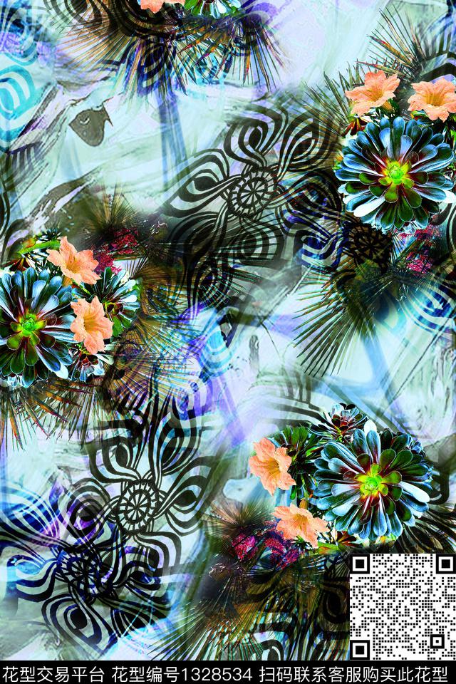 泼墨几何花卉趋势华亿平台数码印花华亿平台下载（图片编号: 1328534） - 瓦栏（Walan）