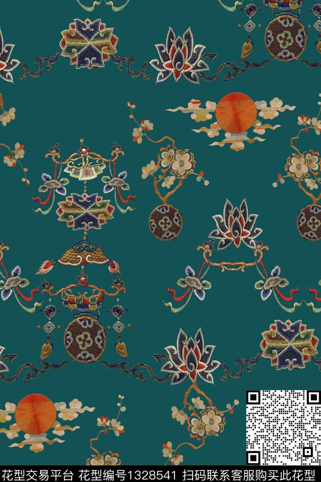 真丝中国风华亿平台仿刺绣效果花数码印花华亿平台下载（图片编号: 1328541） - 瓦栏（Walan）