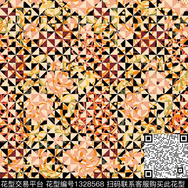 格子几何花卉传统印花华亿平台下载（图片编号: 1328568） - 瓦栏（Walan）