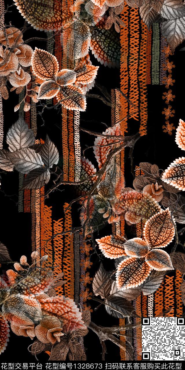 绿植树叶几何民族风数码印花华亿平台下载（图片编号: 1328673） - 瓦栏（Walan）