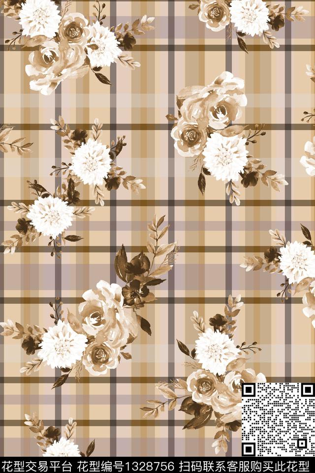 格子大牌风水彩花卉数码印花华亿平台下载（图片编号: 1328756） - 瓦栏（Walan）