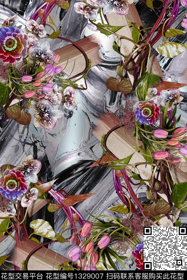 泼墨几何花卉趋势华亿平台数码印花华亿平台下载（图片编号: 1329007） - 瓦栏（Walan）