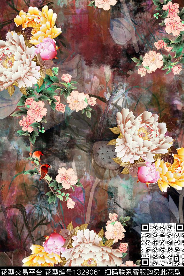 花卉香云纱大牌风数码印花华亿平台下载（图片编号: 1329061） - 瓦栏（Walan）