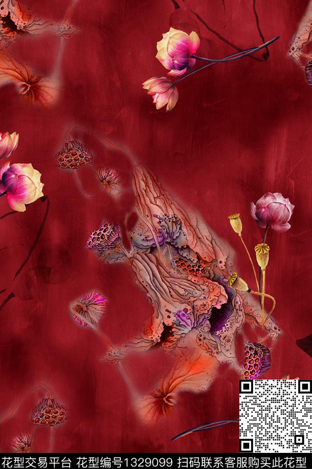 荷花香云纱旗袍数码印花华亿平台下载（图片编号: 1329099） - 瓦栏（Walan）