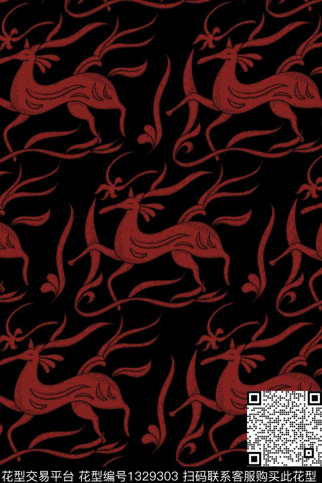 鹿动物手绘数码印花华亿平台下载（图片编号: 1329303） - 瓦栏（Walan）
