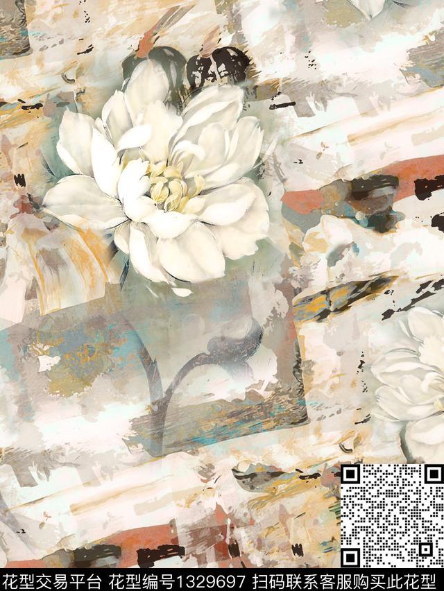 肌理水墨风褪色花卉数码印花华亿平台下载（图片编号: 1329697） - 瓦栏（Walan）